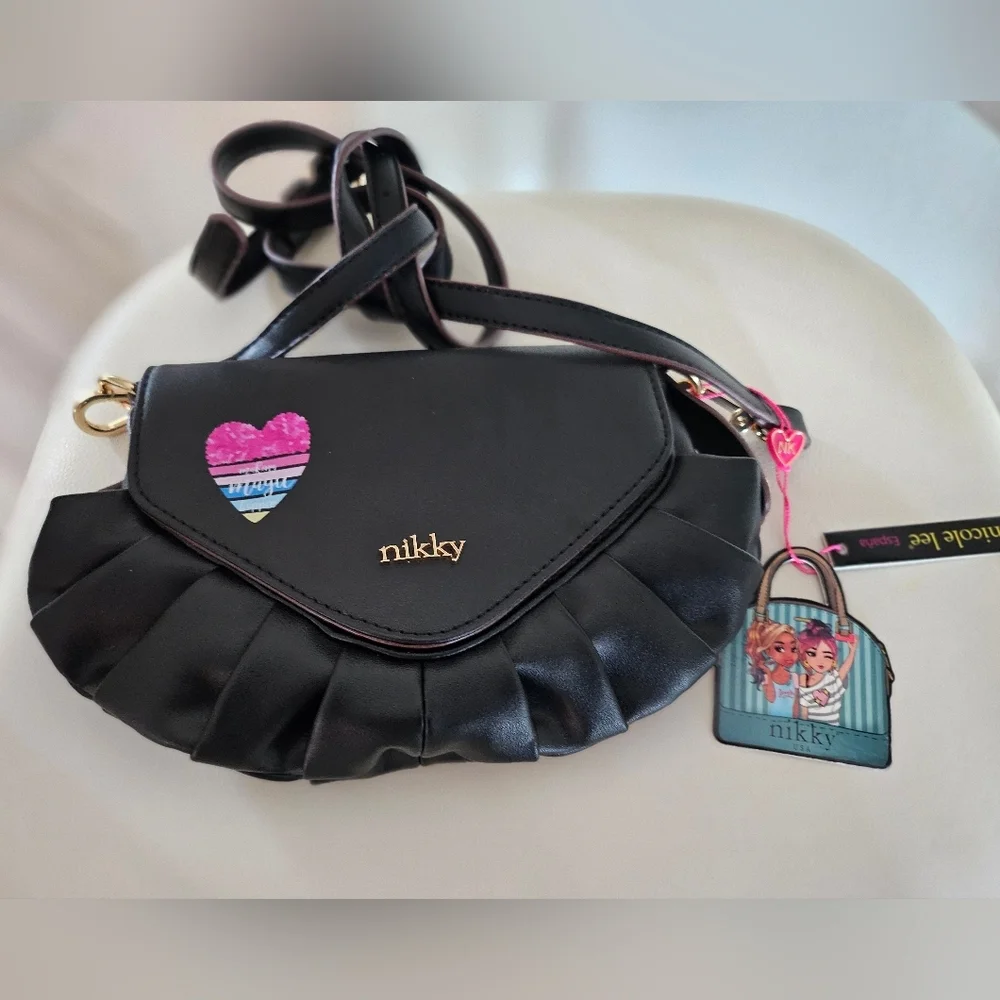 Nikky By Nicole Lee NK12336 Black Ruffle Crossbody Bag Vegan Leather NWT.
